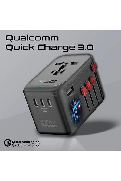 Promate TripMate-GaN100 4-Port (3 Type-C and 1 USB-A) Fast Charging Wall Charger - 100W - Black