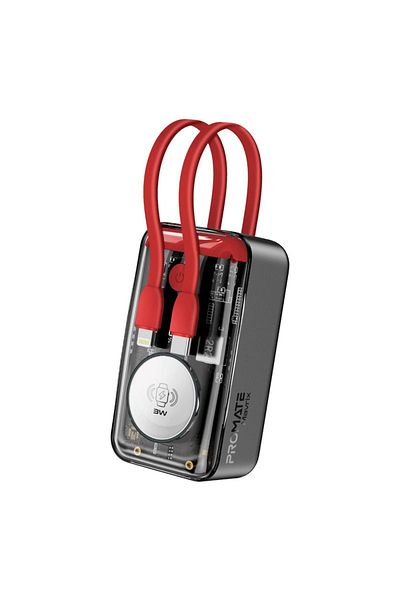 Promate Promate Transparent Power Bank 35W 10000mAh with USB-C and Lightning Cable - Red - Mavrix