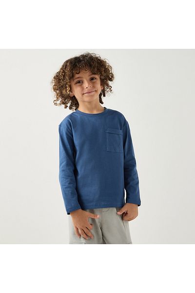 Juniors تي شيرت سادة بأكمام طويلة وجيب أمامي