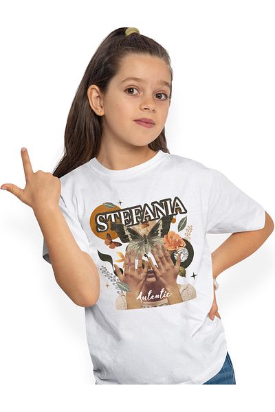 StoryGift Romania Tricou Copii Fete Cu Numele Stefania, Colaj Fata, Fluture, Flori, Cerc 100% Bumbac, U,STG