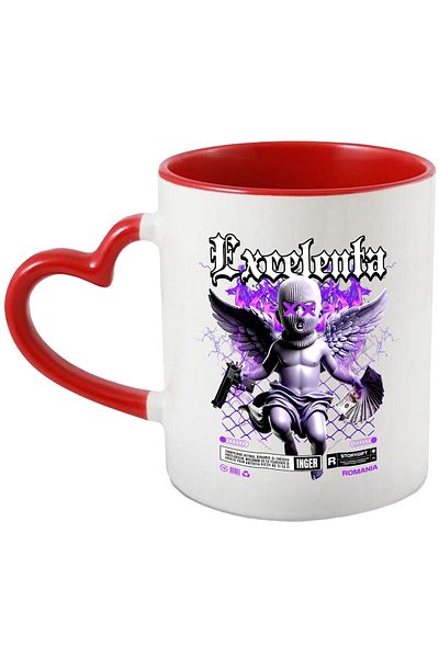 StoryGift Romania Mug with Child with Wings Gun Money Banknotes Motivational Text Excellence, Ceramic,, With ,STG