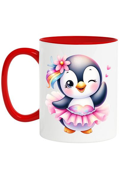StoryGift Romania Mug with a cheerful penguin, illustration, skirt, pink, hearts, blush, flower, With ,STG