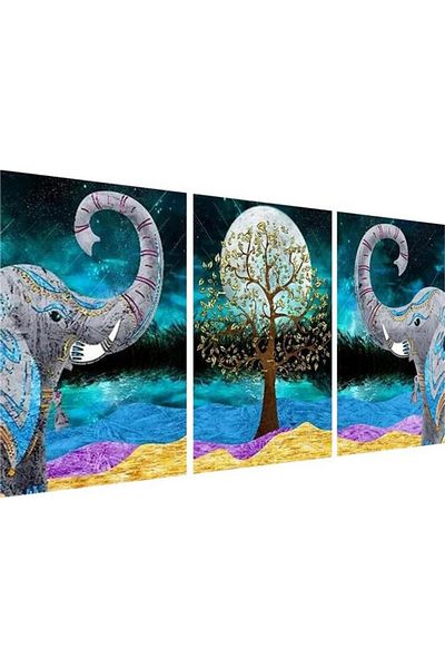 pchmcu Set 3 picturi cu diamante 5D, tema apus cu elefanti, dimensiune 85 x 40 cm, pchmcu