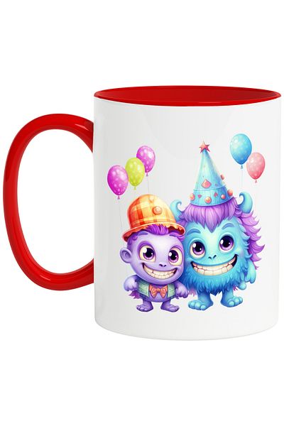 StoryGift Romania Mug with 2 happy creatures | illustration | birthday | balloons | purple | blue, With ,STG