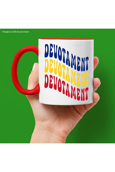 StoryGift Romania Mug The Word Devotion, in the Colors of the Romanian Flag, Red, Yellow, Blue, with STG