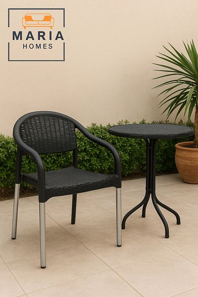 MARIA HOMES Black Rattan-Style Plastic Chair with Silver Legs – Indoor Outdoor Durable Seating