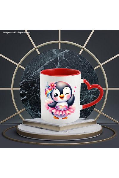 StoryGift Romania Mug with a cheerful penguin, illustration, skirt, pink, hearts, blush, flower, With ,STG
