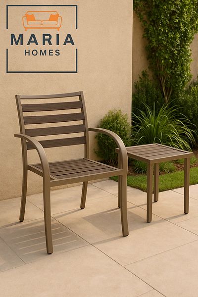 MARIA HOMES Beige Frame Outdoor Chair with Brown Slatted Seat – Garden & Patio Use