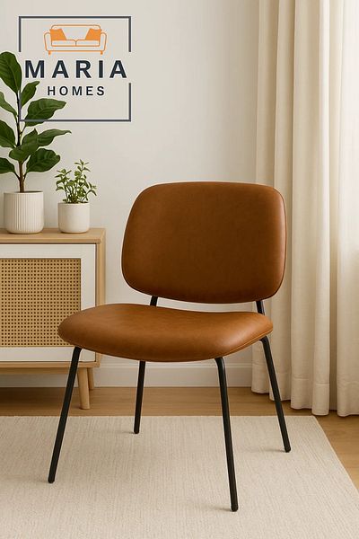 MARIA HOMES Retro Brown Faux Leather Dining Chair with Black Metal Legs – Modern Mid-Century Style Seating