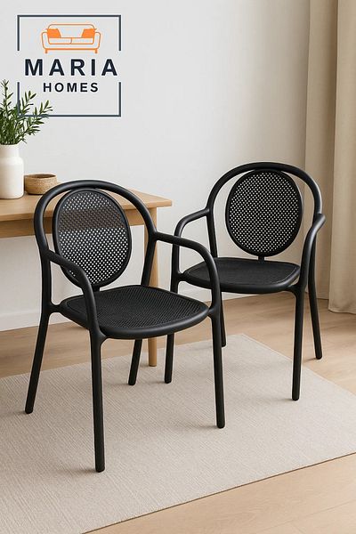 MARIA HOMES Sleek Black Metal Mesh Armchair – Modern Indoor Outdoor Chair for Home, Café, or Patio Use