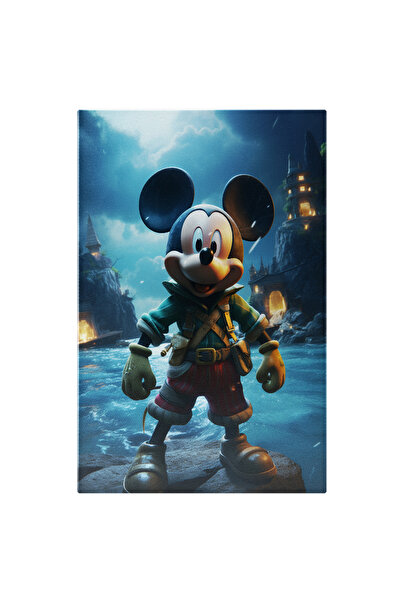 StoryGift Romania Tablou Canvas: Mickey Mouse Cu Camasa Verde Si Pantaloni Rosii Sta In Ploaie Si Fulgere Pe O S