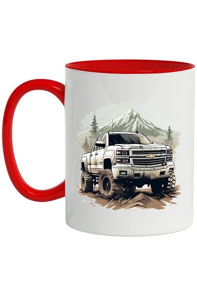 StoryGift Romania Mug With Car, Chevrolet, Mountain, Fir Trees, Stones, Sky, Multicolor 330 ml, Ceramic, With ,STG