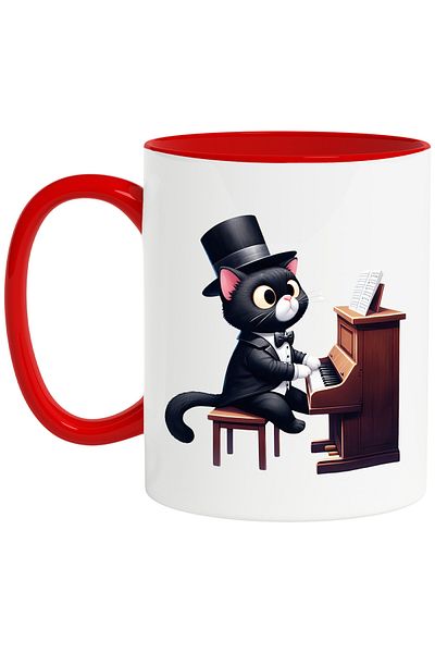StoryGift Romania Mug with a black cat playing the piano, illustration, surprised, musical notes, c, With, STG
