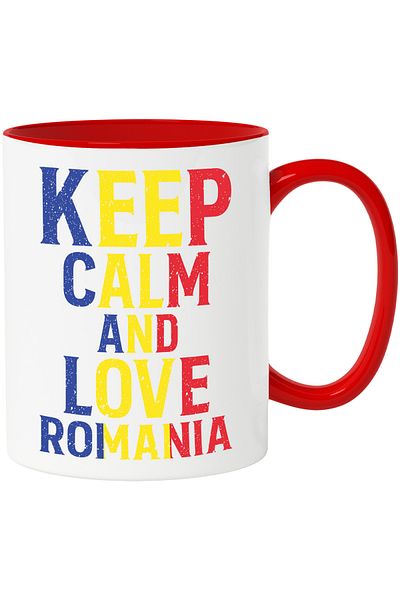 StoryGift Romania Mug with the text "Keep calm and love Romania" - tricolor with Red Handle, With ,STG