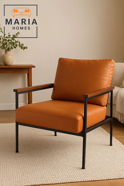 MARIA HOMES Orange Faux Leather Lounge Chair – Modern Armchair with Black Metal Frame & Wood Armrests