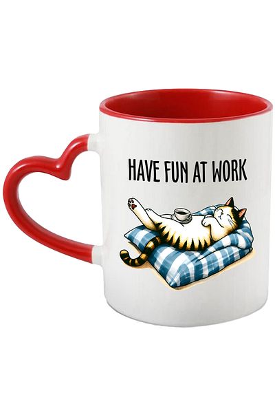 StoryGift Romania Mug with a sleeping kitten with the message "Have fun at work", illustration, fun, With ,STG