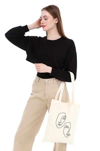 Çınar Bez Çanta One Line Faces Baskılı Ham Bez Çanta
