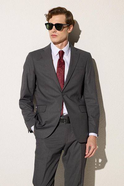 Tudors Men's Slim Fit Mono Collar Lycra Flexible Fabric Smoked Suit