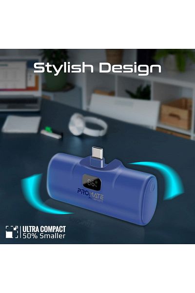 Promate PowerUp-C Power Bank 5000mAh with Fast Charging and Built-in USB-C Connector - Blue