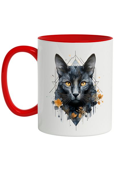 StoryGift Romania Cat Mug, Geometric, Prism, Flowers, Leaves, Freesia, Multicolor 330 ml, Sky, With ,STG