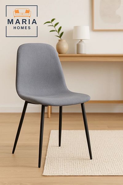 MARIA HOMES Modern Grey Fabric Dining Chair – Padded Upholstery with Black Metal Legs for Home or Office Use