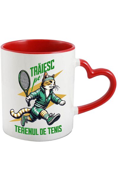 StoryGift Romania Sporty Cat Playing Tennis Mug, 330ml, Ceramic with Red Heart Handle, With Handle, STG