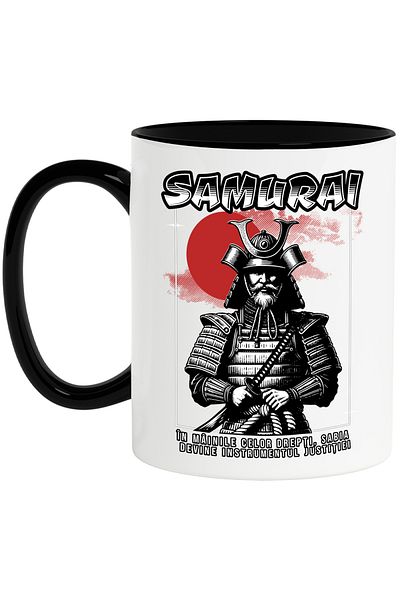 StoryGift Romania Samurai Man Mug. In the hands of the righteous, 330ml, Ceramic with Black Handle, With Handle, STG
