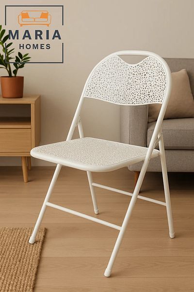 MARIA HOMES White Folding Chair with Decorative Cut-Out Back – Lightweight & Compact Design