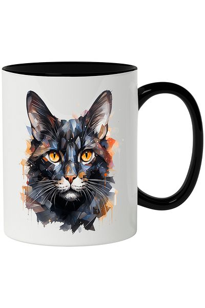 StoryGift Romania Cat Head Mug, Geometric, Mosaic, Animal Lovers, Multicolor 330 ml, With ,STG