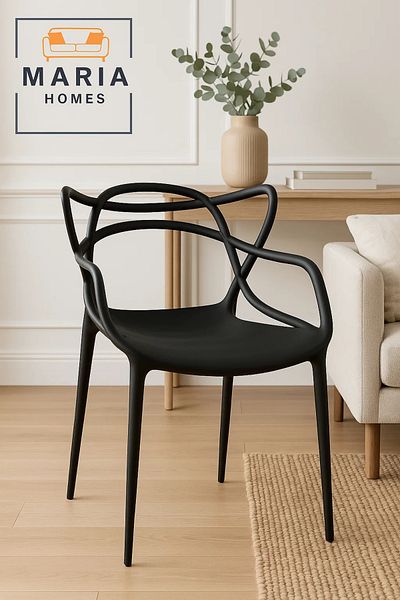 MARIA HOMES Modern Black Designer Plastic Chair – Sleek Stackable Armchair for Indoor and Outdoor Use
