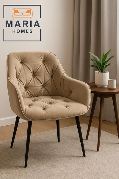 MARIA HOMES Beige Velvet Tufted Armchair – Upholstered Lounge Chair with Black Legs for Home, Office, or Lounge