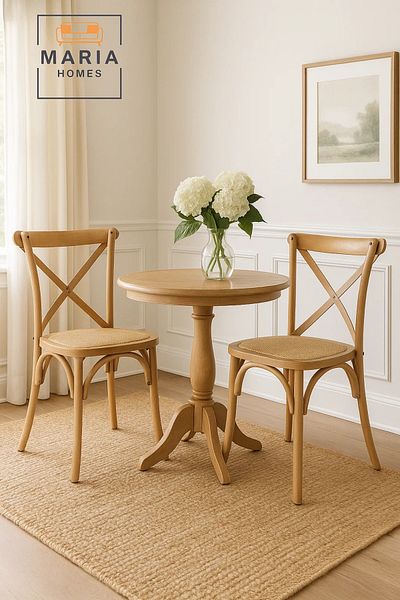 MARIA HOMES Wooden Cross Back Dining Chair with Woven Rattan Seat – Rustic Farmhouse Style for Home & Café