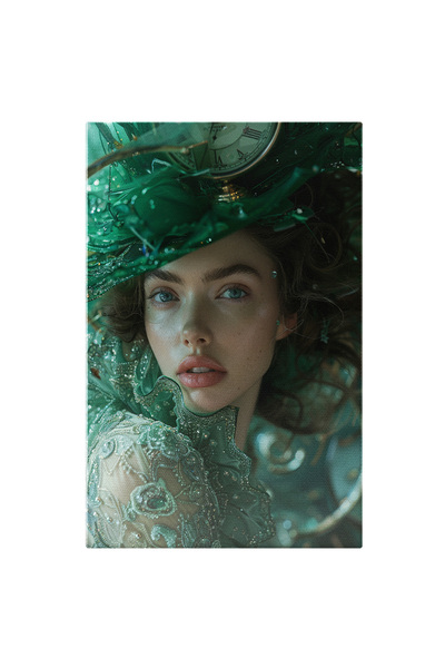 StoryGift Romania Tablou Canvas Tanara Verde Cu Ochii De Smarald Si Chip Luminat Cu Palarie Si Rochie Cu Mergele