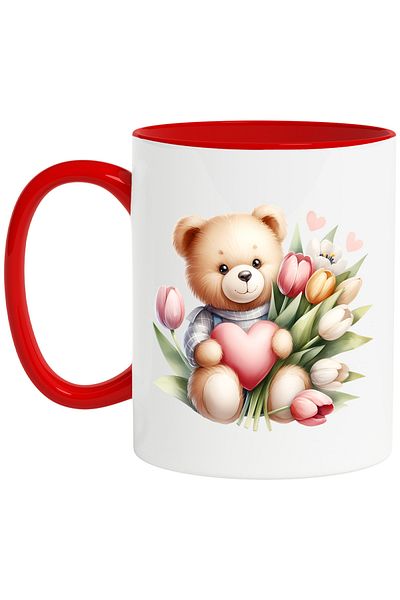 StoryGift Romania Mug with a teddy bear holding a heart | illustration | tulips by d, With ,STG