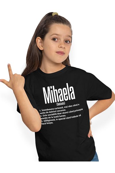 StoryGift Romania Tricou Copii Fete Cu Numele Mihaela, si Mesaj Amuzant, Curioasa, Sociabila, Galagioas,STG