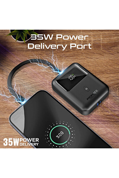 Promate باور بانك فائق الصغر فائق السرعة™ بقوة 35 واط وسعة 10000 مللي أمبير/ساعة - أسود - PowerPod-10