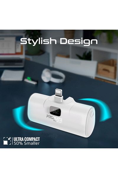 Promate PowerUp-i Power Bank 5000mAh with Fast Charging and Built-in Lightning Connector - White