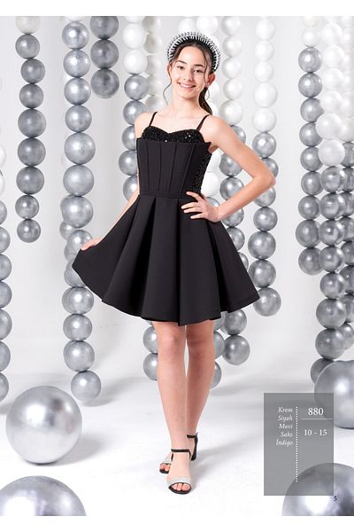 Erkut Girl's Crepe Fabric Black Color Evening Dress with Palette Detail