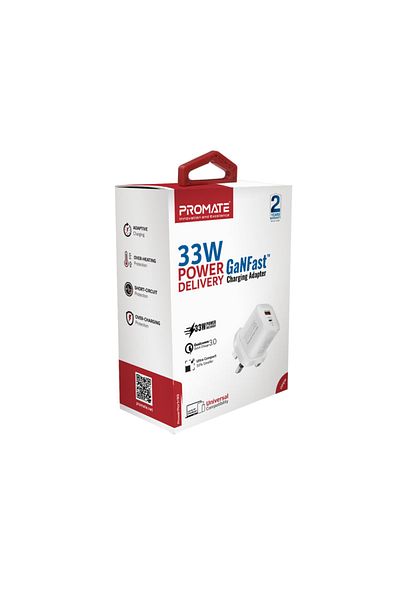 Promate PowerPort-33 Dual-Port (Type-C and USB-A) Fast Charging Wall Charger - 33W - White