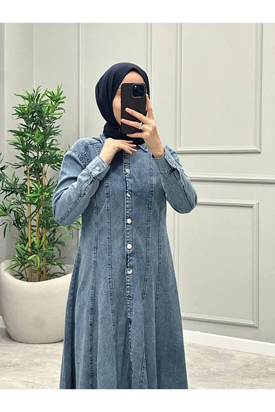 OlaLady Rochie de blugi hidžáb din denim, cu cusături lungi, cu centură din piele