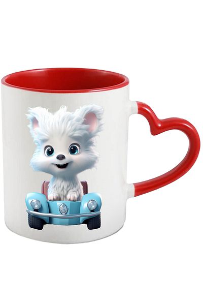 StoryGift Romania Mug with Portrait of a Small White Animal, in a Turquoise Car, Plush Animal, Fur, With,STG