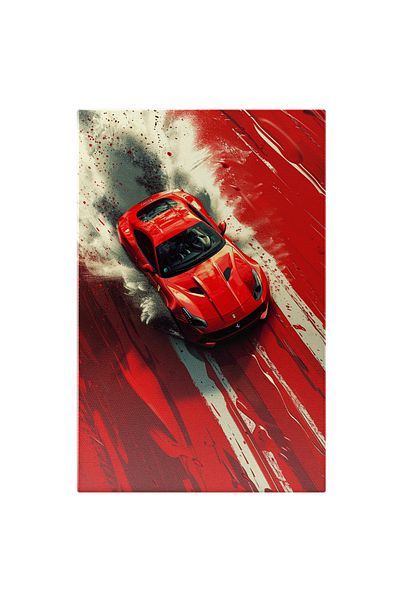 StoryGift Romania Tablou Canvas Automobil Marca Ferrari De Culoarea Rosie Cu Viteza Pe Un Drum Colorat Cu Fum Al