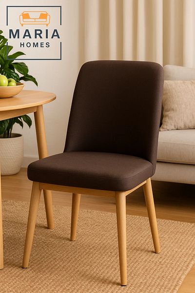 MARIA HOMES Brown Fabric Dining Chair – Upholstered Padded Seat with Wooden Legs for Home, Office, or Café