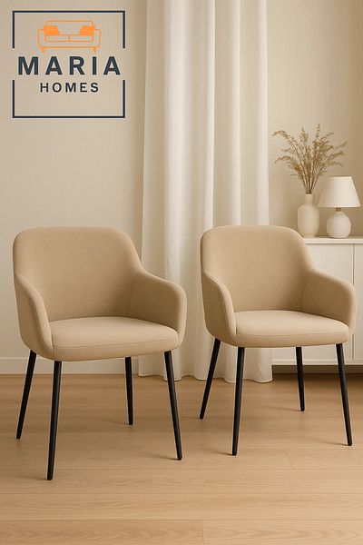MARIA HOMES Beige Fabric Armchair – Upholstered Lounge Chair with Armrests & Black Metal Legs for Home or Office