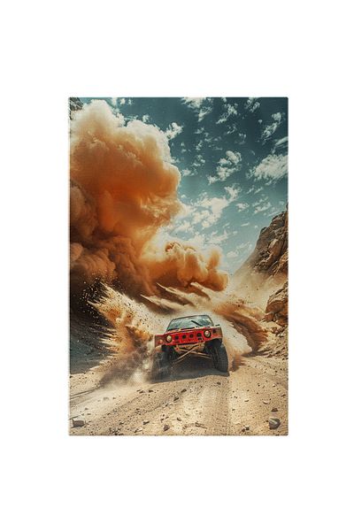 StoryGift Romania Tablou Canvas: Masina Rosie De Teren In Desert Care Merge Cu Viteza Provocand Praf In Urma Pi