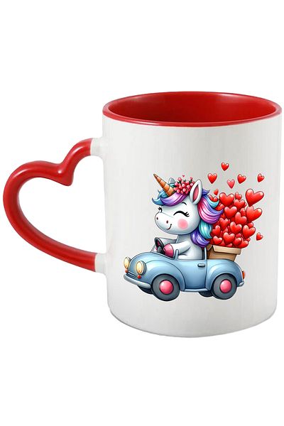 StoryGift Romania Mug with a unicorn driving a car, illustration, box with many hearts, With ,STG