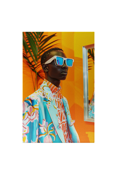 StoryGift Romania Tablou Canvas Black Men Cu Ochelari Si Parul Codite In Camasa Portocalie Cu Dungi Albe Si Saco