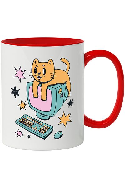StoryGift Romania Mug With Cat, Computer, Monitor, Retro, Stars, Keyboard, Multicolor 330 ml, , With ,STG