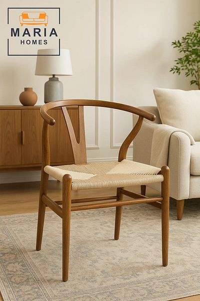 MARIA HOMES Natural Wood Wishbone Chair with Woven Rope Seat – Scandinavian Style Dining Chair for Modern Spaces