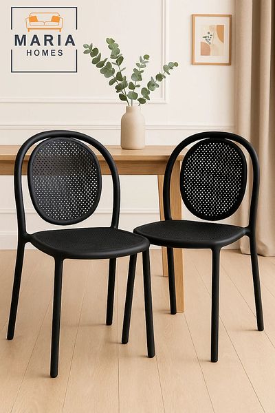 MARIA HOMES Black Modern Plastic Chair with Ventilated Back – Indoor & Outdoor Use